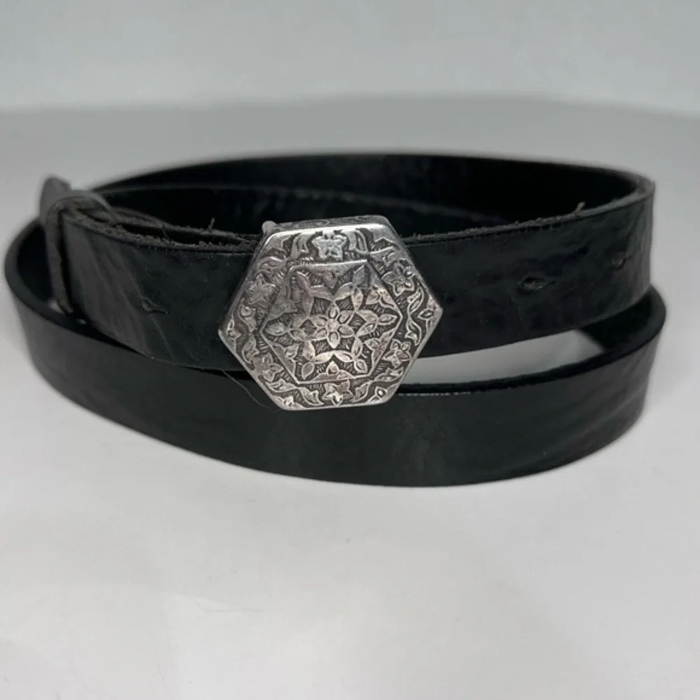 Vintage Nordstrom Ibel Pewter Buckle Black Leather Belt Made In Italy 32